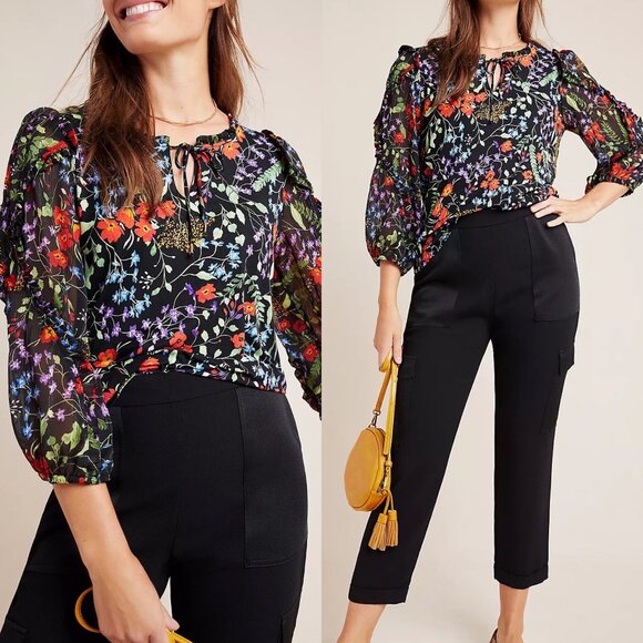 ANTHROPOLOGIE Maeve Jacquin Peasant Blouse Black Floral Ruffle Sleeve Blouse L - Picture 8 of 11